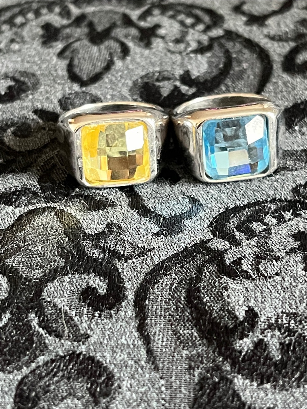 Silver Tone Square Earrings - Yellow and Blue